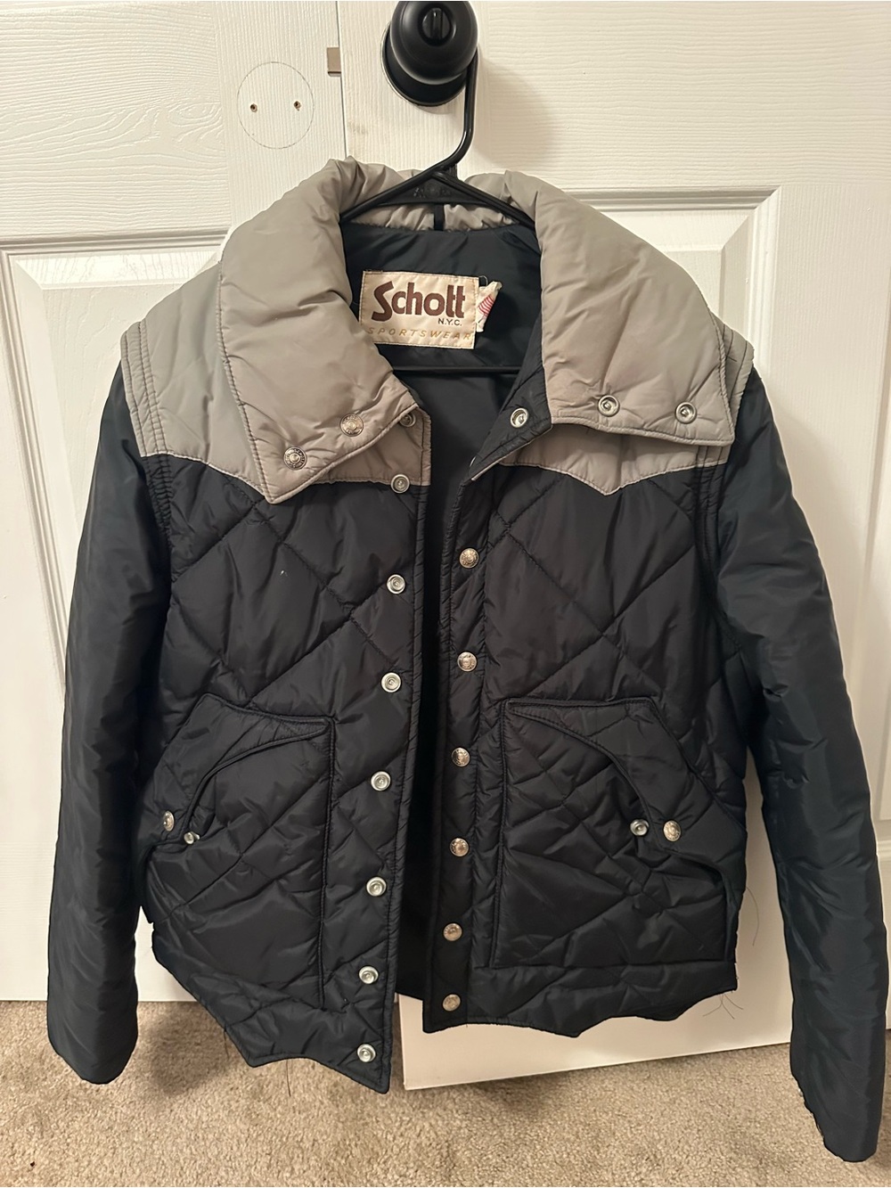 Schott NYC Quilted Black Jacket with Gray Yoke